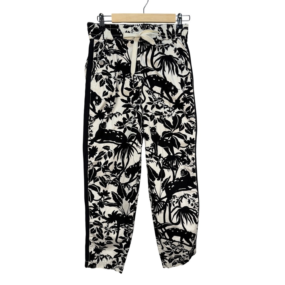 Maeve Anthropologie Tenley Twill Track Pants L Women Black White Panther Cat - Picture 2 of 16